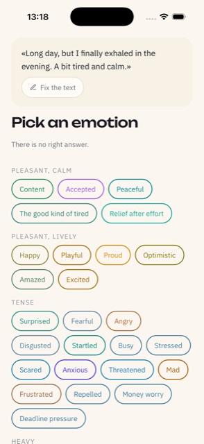 The card asking for an emotion, with the vocabulary open